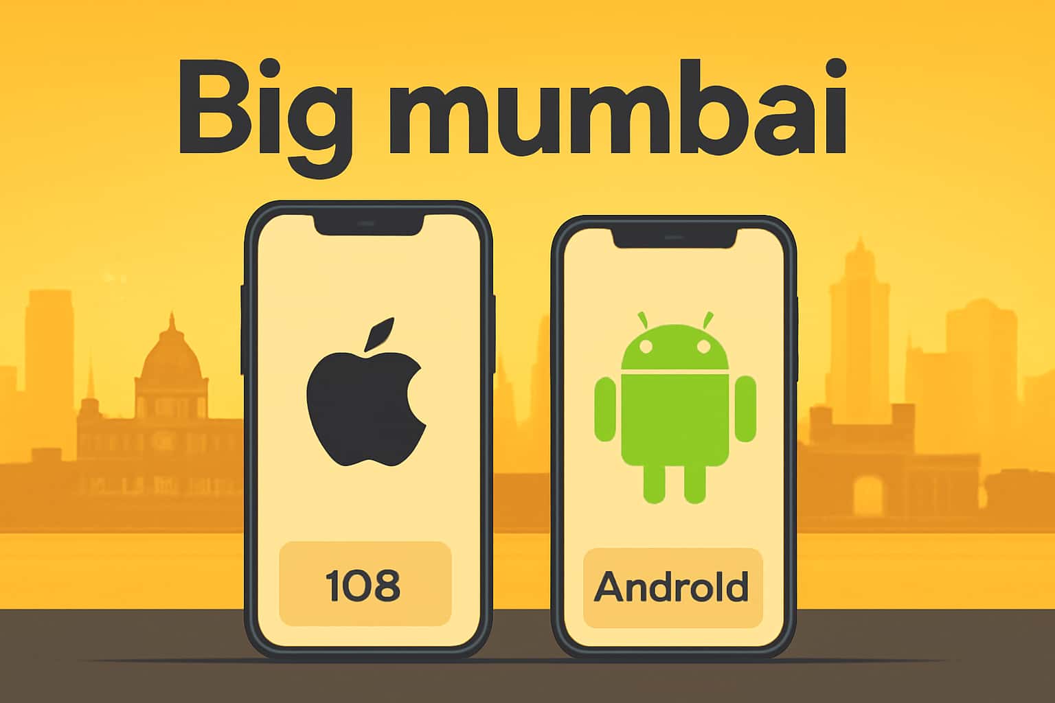 An illustrative representation comparing Big mumbai on iOS and Android platforms, highlighted with #fcd303 accents.